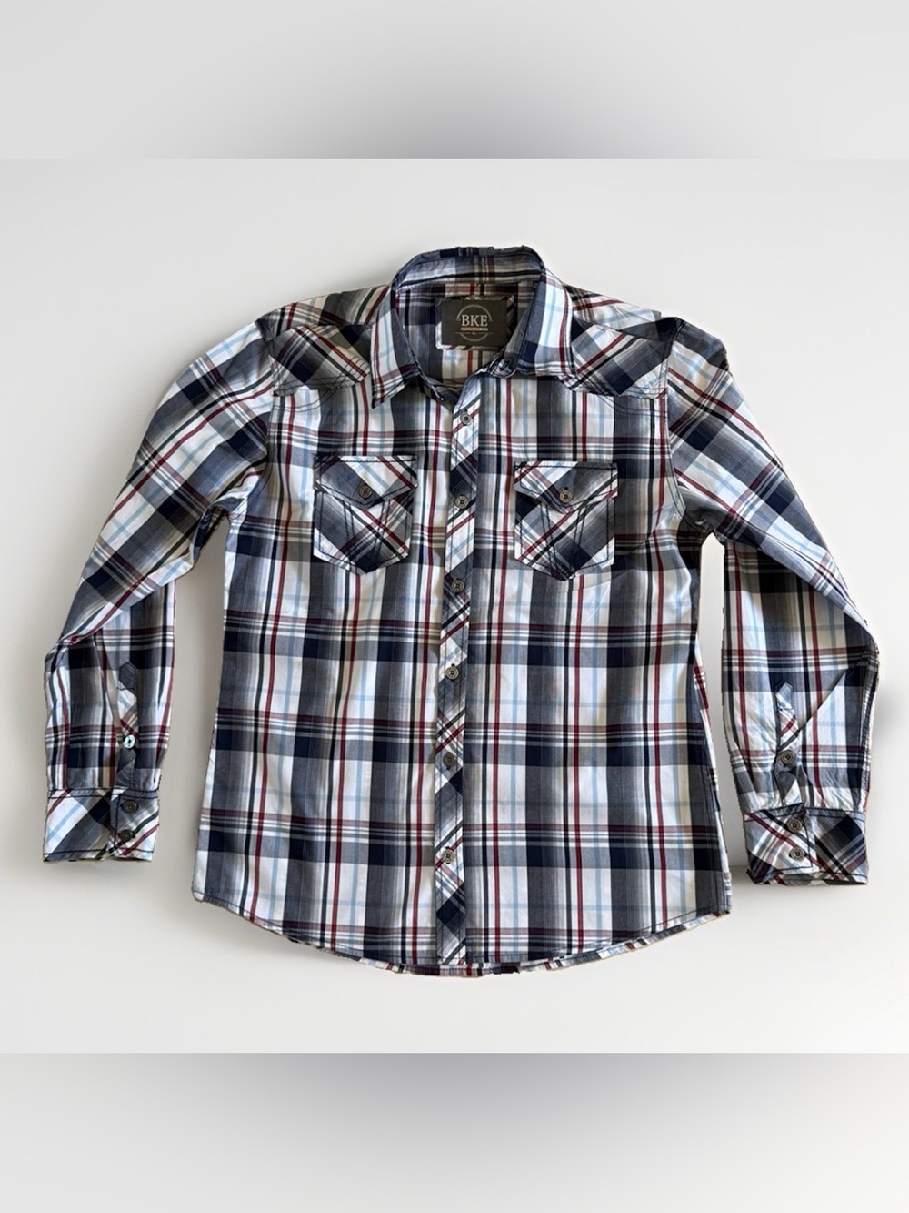 BKE Men’s XL Blue Red Plaid Cotton Button-Up Shirt